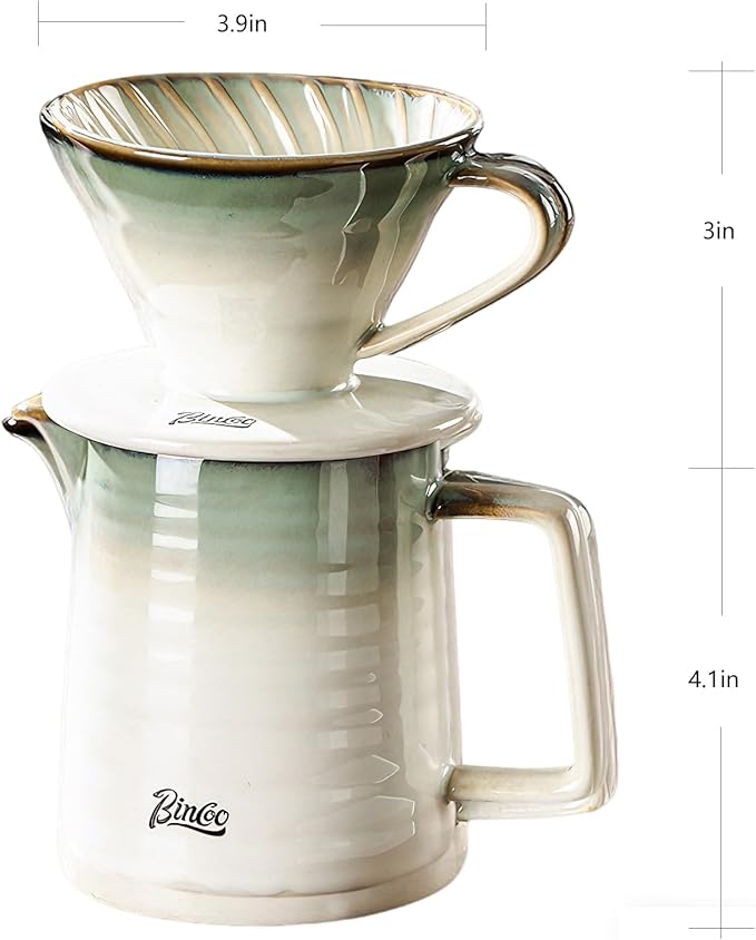 Bincoo Pour Over Coffee Maker&Dripper, Style Cone Filter + 450ml Ceramic Coffee Server, Manual Coffee Brewer Set, Reusable Coffee Filter Holder, Great Gift for Coffee Enthusiasts(Green)