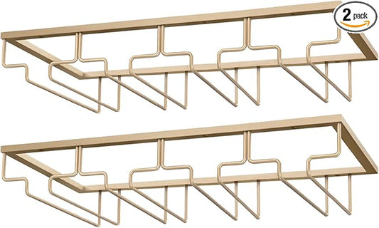 Wine Glass Rack - Under Cabinet Stemware Wine Glass Holder - Wine Glasses Storage Hanger Metal Organizer for Cabinet Kitchen Bar (Champagne Gold, 4 Rows 2 Pack)