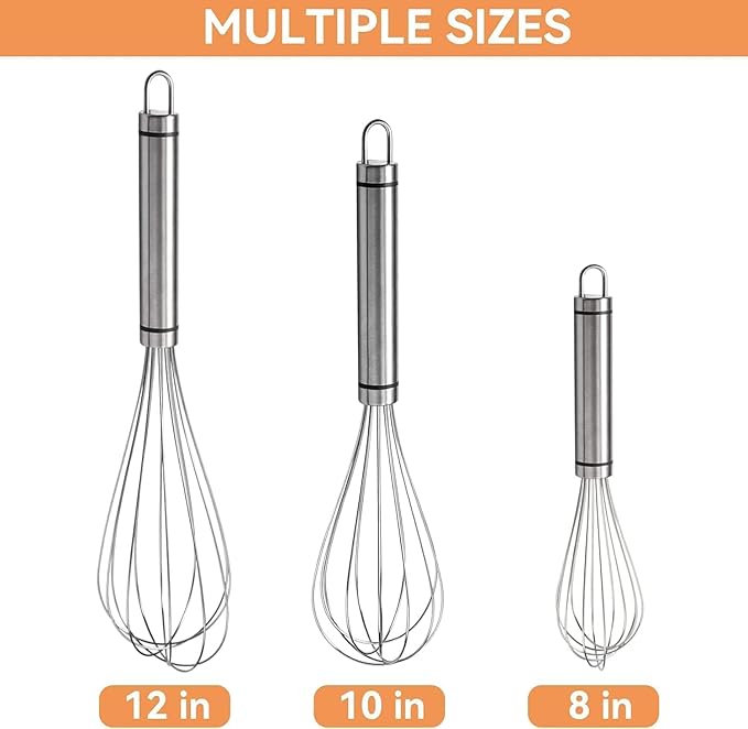 3 Pack Metal Whisk Set 8'' 10'' 12'', Manual Mini Whisk for - Egg, Balloon, Cooking, Blending, Beating, Stirring