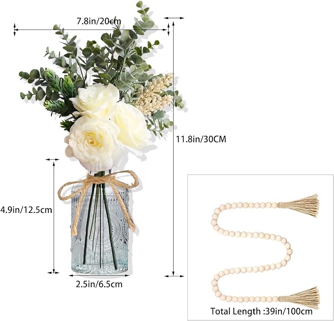 Flower Arrangement with Vase, Artificial Flowers Silk Roses Flower Bouquet in Vase, Faux Flower Arrangements,Farmhouse Table Decor,Table Decorations for Living Room,Coffee Table Decor