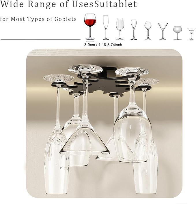 Under Cabinet Wine Glass Holder, 360° Infinitely Rotating Wine Glass Holder, No Drilling Wine Glass Rack for Kitchen, Dining and Bar.(Black)