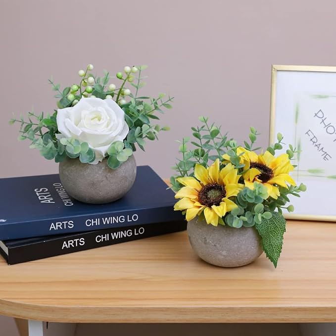 Rose in Pot Decor Potted Artificial Flowers Mini Plants Faux Flowers Indoor Small Decor Fake Roses for Home, Bathroom, Kitchen, Offices, Wedding Party Centerpieces (2pcs Yellow)