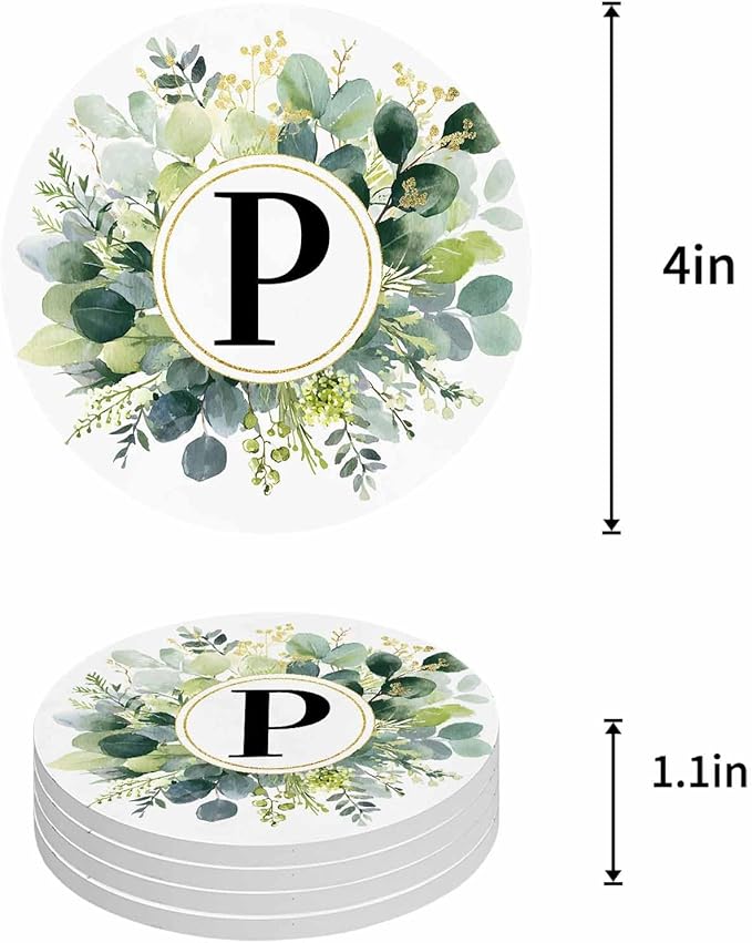 Coasters Set of 6 Letter P Drink Coasters with Holder Absorbent Stone Ceramic Cup Mat Alphabet Green Eucalyptus Leaves Coaster for Drinks Coffee Bar Office Kitchen Cafe Home Decor