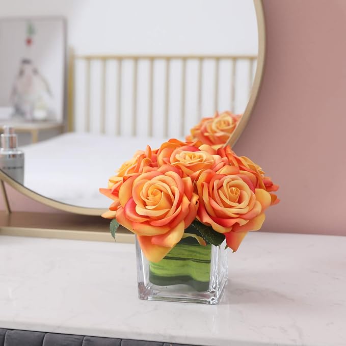 Fule Artificial Velvet Rose Flower Centerpiece Arrangement in vase for Home Wedding Decoration (Orange)