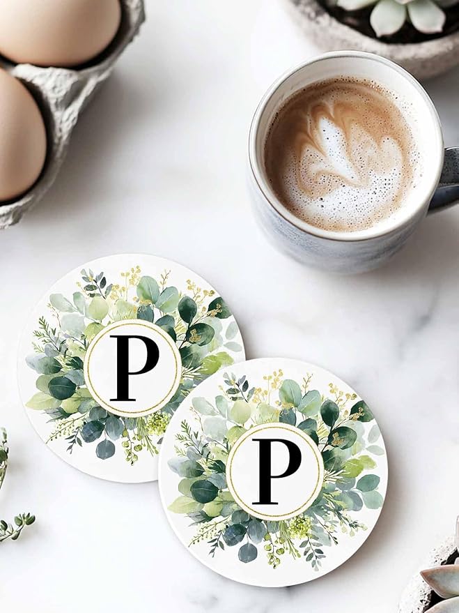 Coasters Set of 6 Letter P Drink Coasters with Holder Absorbent Stone Ceramic Cup Mat Alphabet Green Eucalyptus Leaves Coaster for Drinks Coffee Bar Office Kitchen Cafe Home Decor