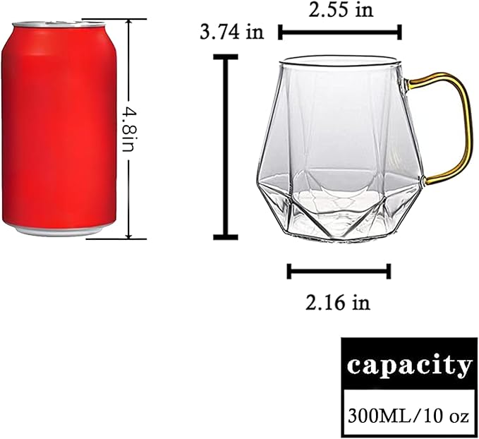 AEFPOYMXU 10 oz Clear Glass Espresso Cups Set of 2 Coffee Cups with Handle Crystal Coffee Mug Borosilicate Heat Resistant for Liquor Tea Beverages Milk Latte Cappuccino