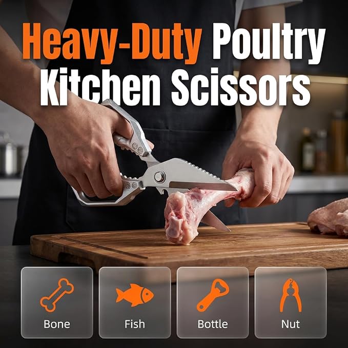 Heavy Duty Kitchen Scissors for Food with Ergonomic Anti-Slip Handle,Stainless Steel Chicken Bone Cutting Scissors Kitchen Tools,Poultry shears for Chicken, Meat, Seafood, Bone Cutting (Sliver, 1PC)