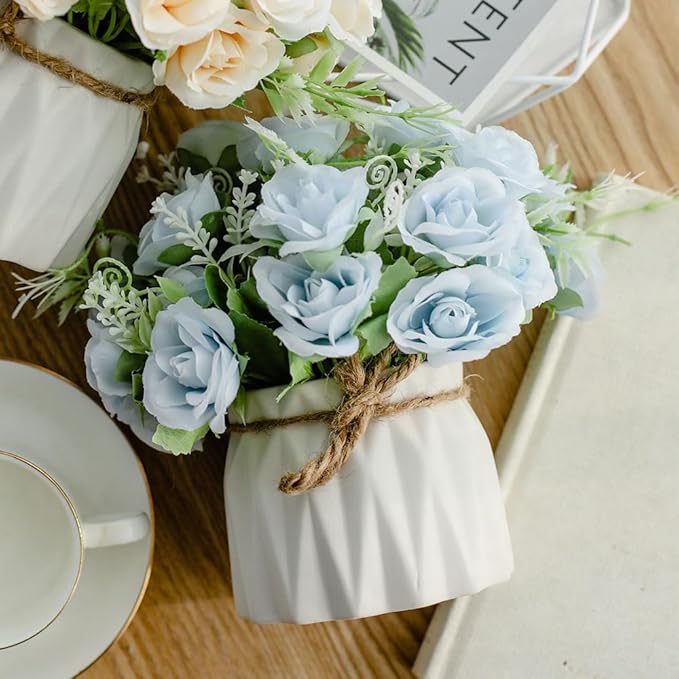 TKAS Fake Flowers Arrangement in Ceramic Vase, Artificial Faux Silk Roses, Small Realistic Dried-Style Floral, Dining Table Centerpiece for Wedding Party Home Decoration (Blue)