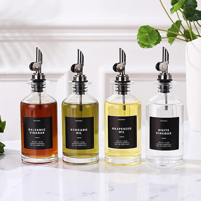 Molimoli Oil and Vinegar Dispenser with Metal Pour Spout, Weighted Pourer, Glass Bottle Dispenser for Kitchen, Olive Oil Cruet, Glass Olive Oil Bottle |350ml, Set of 2