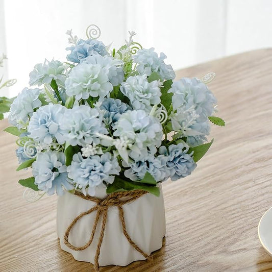 TKAS Fake Flowers Arrangement in Ceramic Vase, Artificial Faux Silk Hydrangea, Small Realistic Dried-Style Floral, Dining Table Centerpiece for Wedding Party Home Decoration (Blue)
