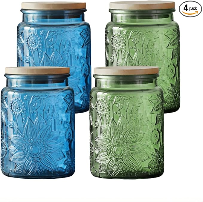 ANSQU 4-Pack Vintage Glass Jars with Airtight Lids, 23.7oz Glass Food Storage Containers for Kitchen Pantry Coffee, Tea, Candy, Cookie, Decorative Mason Jar (Blue&Green)