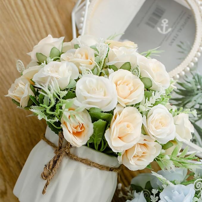 TKAS Fake Flowers Arrangement in Ceramic Vase, Artificial Faux Silk Roses, Small Realistic Dried-Style Floral, Dining Table Centerpiece for Wedding Party Home Decoration (Champagne White)