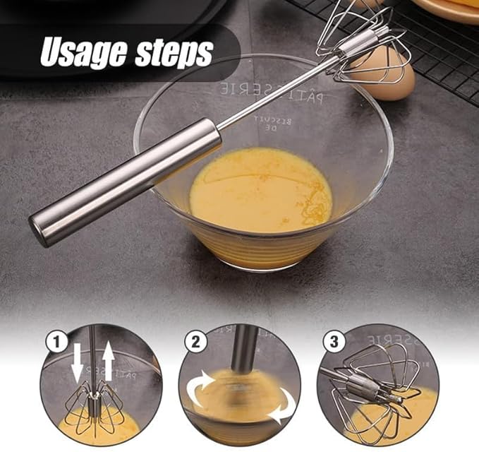 Stainless Steel Whisk, Egg Whisk Hand Push Rotary Blender, Manual Mixer Stirrer Kitchen Tool for Blending, Whisking, Beating, Stirring (2PCS)