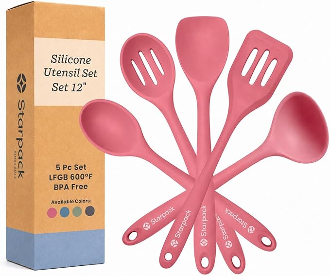 Starpack Stir and Serve Silicone Cooking Utensils Set (5-Piece, 11") - LFGB Non Toxic, 600°F Heat Resistant, BPA-Free - One-Piece Seamless, Dishwasher Safe - for Nonstick Cookware, Earthy Pink