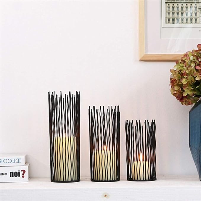 Metal Candle Holders for Pillar Candles - Creative Wire Candle Holder Set of 3 for Fireplace Mantel, Black Candlestick Holders for Table Centerpieces Halloween Christmas Birthday Party Home Decor