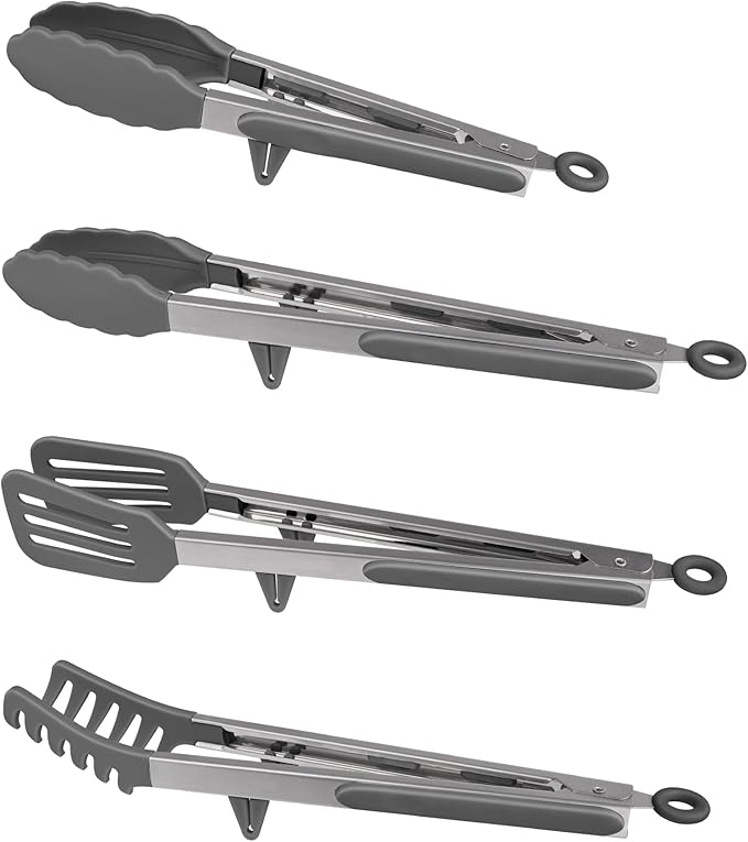 4in1 Stainless Steel Kitchen Food Tongs Set for Cooking with Silicone Tips, Toaster Steak Pie Pizza Pasta Spaghetti Noodles Salad Fruit Vegetable Grill BBQ Buffet Clamp Serving Tools Gadgets