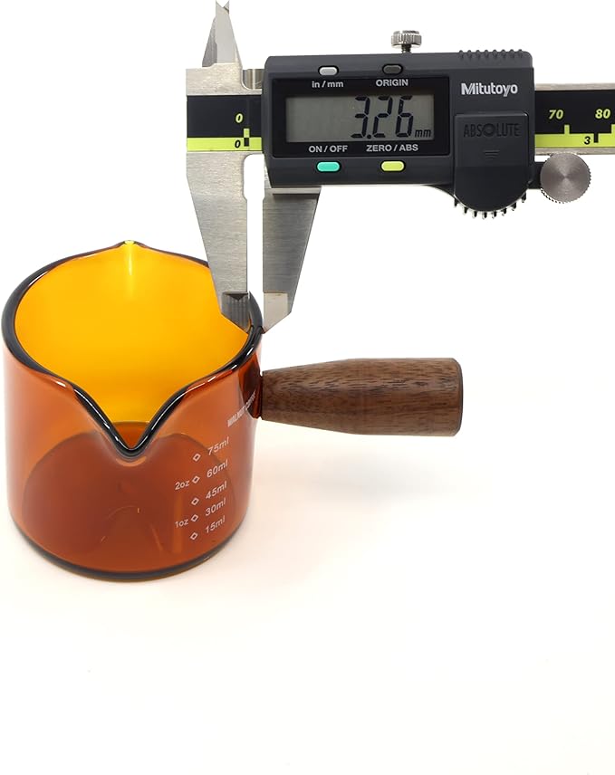Amber 3.5oz Espresso Shot Glass Double Spouts with American Walnut Handle, Double Spout Glass Measuring Cup, Milk Frothing Pitcher