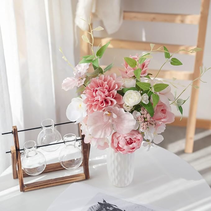 KIRIFLY Artificial Fake Flowers Silk Rose Flower Arrangements Wedding Bouquets Decorations Plastic Floral Table Centerpieces Home Kitchen Garden Party Décor (Pink White)