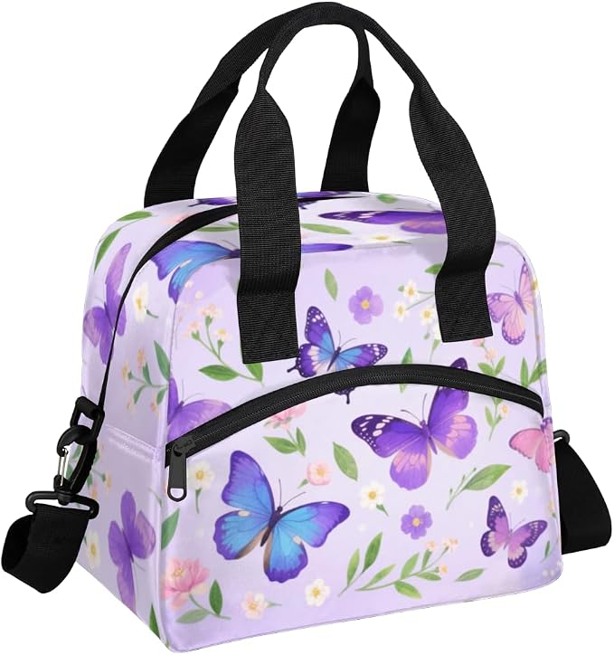 Elegant Purple Butterfly Lunch Bag Women Lunch Box for Women Adult Men Reusable Cute Lunch Box Tote Cooler Bags Insulated Portable Lunch Containers for Work, Office, Travel, Picnic