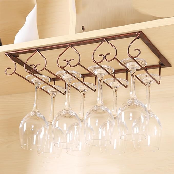 Wine Glass Rack Under Cabinet, Metal Wine Glasses Holders, Hanger Storage Organizer Hanging Glass, fit for Bar Kitchen 4 Rows(Black)