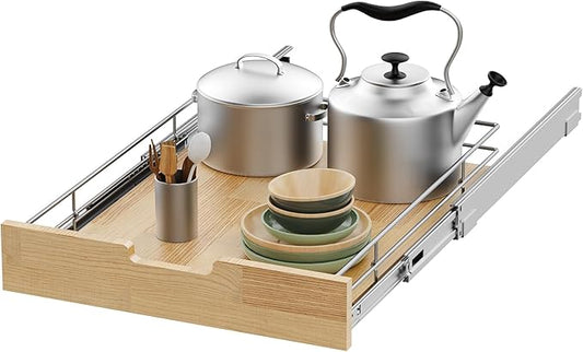 Sikarou Pull Out Cabinet Organizer,Heavy-Duty Slide Out Shelf, Wood And Wire Basket, Pull Out Drawer for for Kitchen Under Sink Space, Pantry, Bathroom (23 * 21 WM)