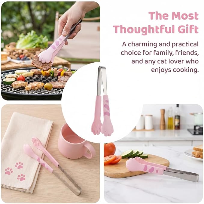 Kitchen Cooking Tongs – Cute Paw Shape Stainless Steel Salad Tongs for Cooking and Barbecue, Food Serving Utensil with Non-Slip Grip(Pink Small)