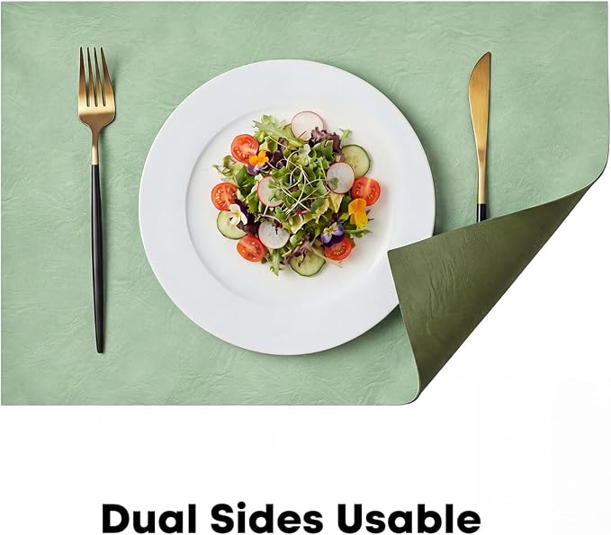 Artoid Mode Sage Faux Leather Placemats Set of 4, 12x18 Inch Waterproof Wipeable Heat Resistant Vinyl Place Mats, Reversible Table Mats for Spring Kitchen Dining Decor