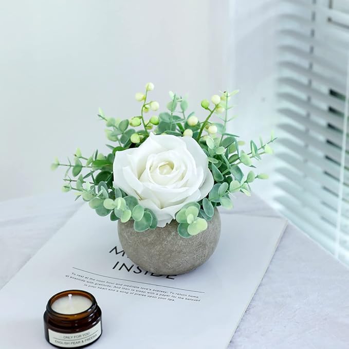 Small Artificial White Rose Potted Plant, 6" Fake Silk Flowers in 3.5" Round Pot, Mini Faux Floral Arrangement for Desk Shelf Bathroom Decor