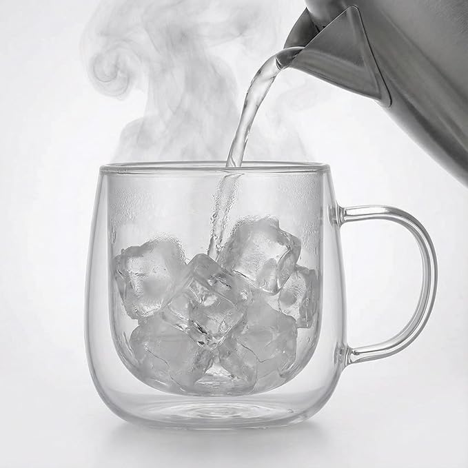 10oz Double Walled Glass Coffee Mugs Set of 2, Clear Insulated Mug for Cappuccino, Latte, Borosilicate Glass Cup, Heat & Cold Resistant Glasses