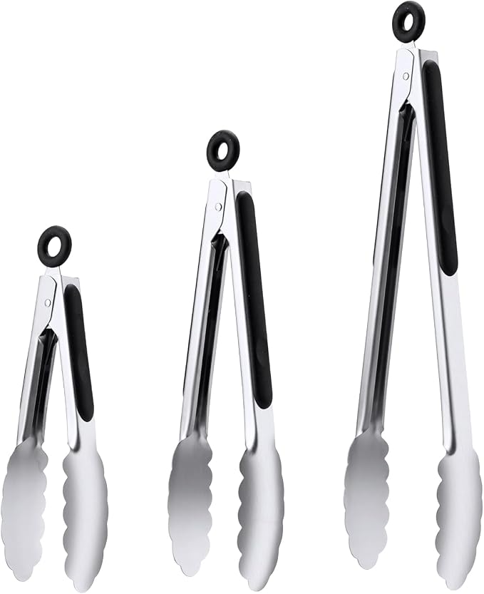 Stainless Steel Tongs Set, Food Grade Stainless Steel Kitchen Tongs, Heat Resistant 600 Degrees, for Cooking, BBQ Barbecue, Grilling, Buffet, Serving (7"+9"+12") | For Cooking/Serving/Grilling | Heat-Resistant | Dishwasher Safe