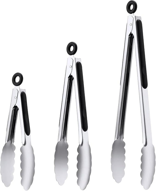 Stainless Steel Tongs Set, Food Grade Stainless Steel Kitchen Tongs, Heat Resistant 600 Degrees, for Cooking, BBQ Barbecue, Grilling, Buffet, Serving (7"+9"+12") | For Cooking/Serving/Grilling | Heat-Resistant | Dishwasher Safe