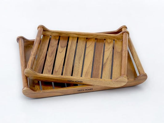 Vesta Homes Set of 2 Romper Teak Wood Rectangular Serving Tray for Home/Kitchen/Restaurant/Office Organizer/Dining Table|Premium Wooden Trays| 18 X 12 ; 15 x 10 inches | Handcrafted in India