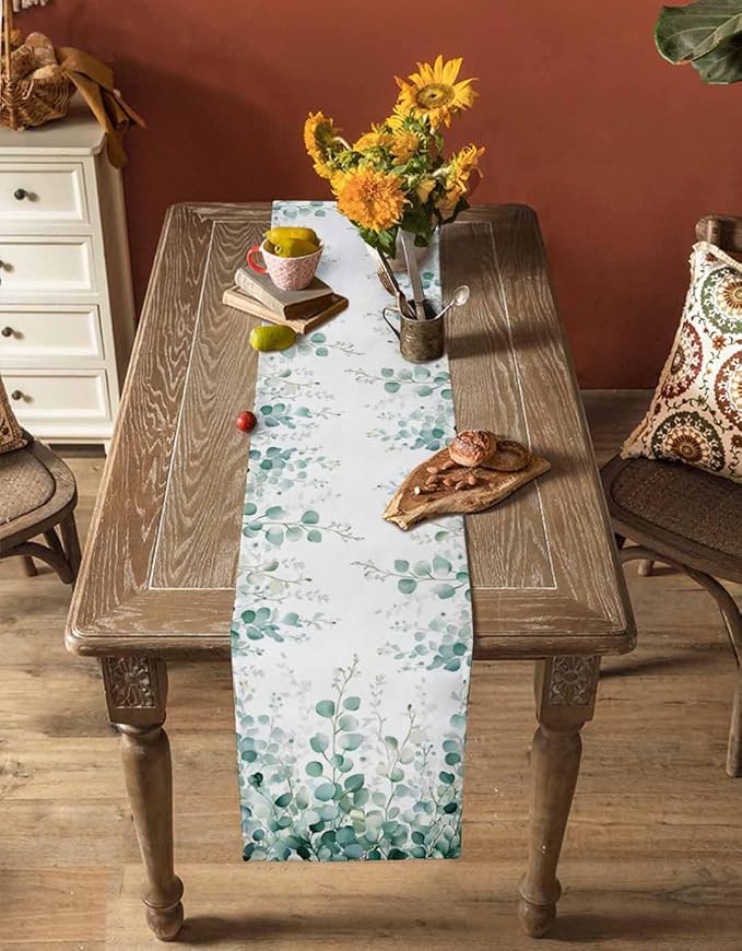 Sage Green Eucalyptus Table Runner 48 Inch Long Dresser Scarves Spring Summer Leaf Cotton Linen Tablerunners Rustic Country Plant Dining Kitchen Burlap Table Setting Decor for Party Holiday, 13"x48"