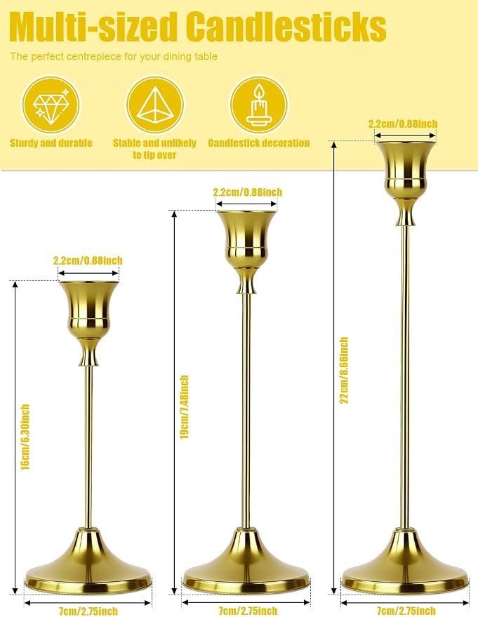 4 Sets(12 Pcs) Brass Tapered Candle Holder,Candlestick Tall Metal Candlestick Holders for Table Centerpiece Home Decor for Wedding Fireplace Mantel Housewarming Gift Fits 3/4 Inch Thick Candles