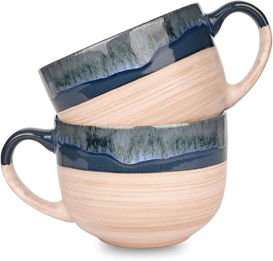 Bosmarlin Large Ceramic Coffee Mug Set of 2, Stoneware Latte Mug for Office and Home, 16 Oz, Dishwasher and Microwave Safe, (Prussian Blue, 2)