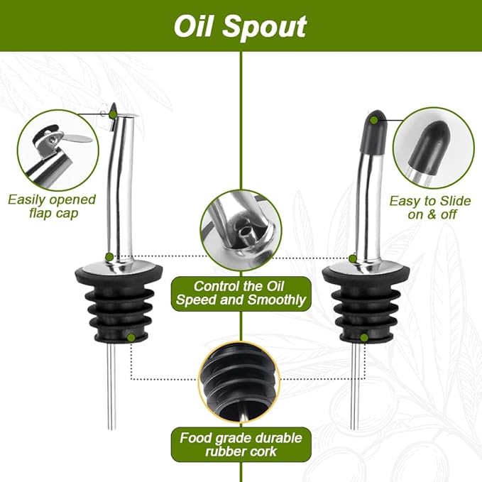 2-Pack Olive Oil Dispenser Bottle Set - 17oz/500ml Dark Green Glass Oil and Vinegar Bottles for Kitchen, Includes 2 Stainless Steel Pourers, Funnel, Brush & 4 Chalkboard Labels