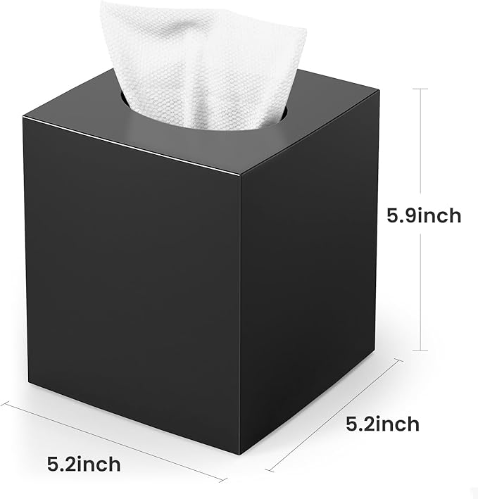 Tissue Box Cover, Square Modern Facial Acrylic Tissue Holder Napkin Dispenser Accessories for Bathroom Vanity Countertop,Bedroom Dresser,Night Stand,Desk,Office (Black)