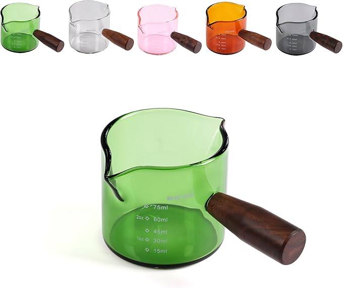 Handmade 3.5oz Espresso Shot Glass Double Spouts with American Walnut Handle, Measuring Triple Pitcher Milk Cup with 2 Spouts, Coffee Measuring Cup Glass for Barista (Emerald)