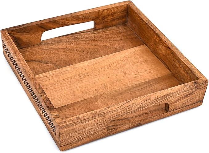 Nirman Serving Trays Acacia Wood with Engraved Design & Cutout Handles | Rustic Farmhouse Food & Drink Server (10" x 10" x 1.6")