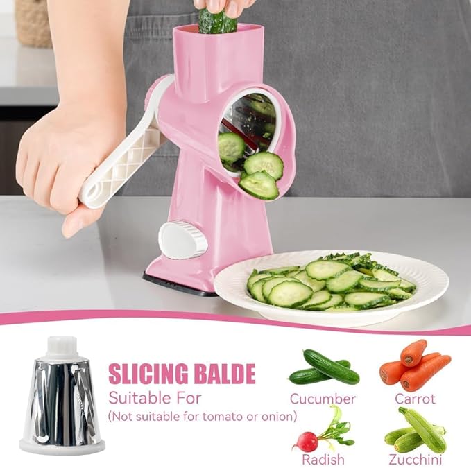 KEOUKE Rotary Cheese Grater Pro 6 in 1 - Shredder Crinkle Slicer Grinder Ice Shaver, Stable Suction, Time-saving Easy Use & Clean, Safe Morden Kitchen Tool for Cheese, Vegetable, Nuts, Chocolate
