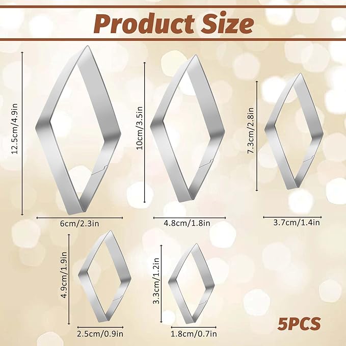 5 Pack Diamond Cookie Cutters Rhombus Cookie Cutters Diamond Shaped Fondant Cutter Geometric Mold Stainless Steel 5" 4" 3" 2" 1 Inch Silver Assorted Sizes