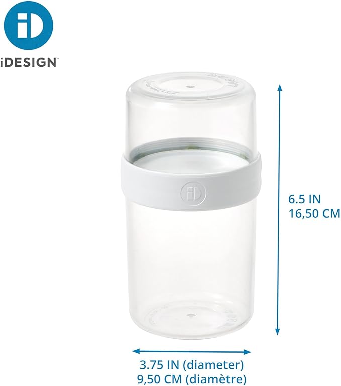 iDesign Recycled Plastic Medium Stack n’ Snack Cabinet and Pantry Storage Canister – 3.66” x 3.66” x 6.4”, Clear/White