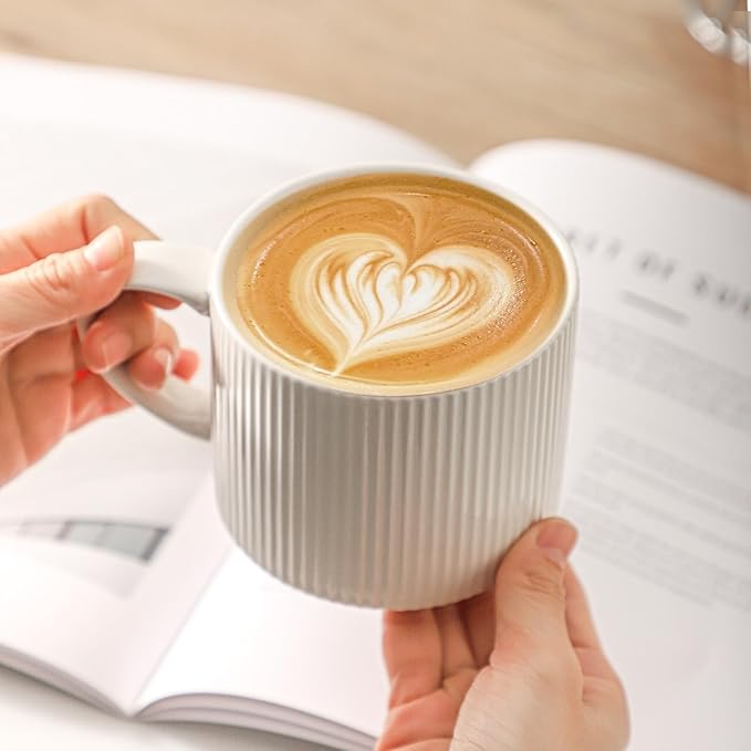 HASENSE 15oz Coffee mugs Set of 4, Ceramic Stackable Coffee Mug with Stainless Steel Rack, Porcelain Coffee Cups with Handle for Latte,Cocoa, Cold & Hot - Easy to Take Out - Vertical Striped,White