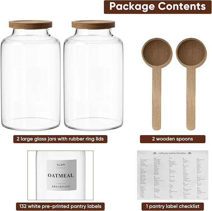 2 PCS Flour Sugar Storage Containers Glass, Large Glass Food Storage Jars with Wood Airtight Lids, 132 Pantry Labels and 2 spoon for Coffee, Flour, Sugar, Spice (98 oz/2800 ml)