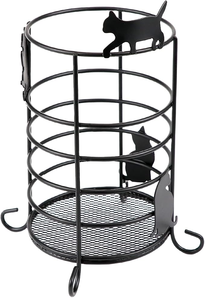 DOERDO Round Metal Utensil Holder for Kitchen Counter, Ventilated Cutlery Caddy with Mesh Base and Cat Design for Rustproof Spoon Spatula Whisk