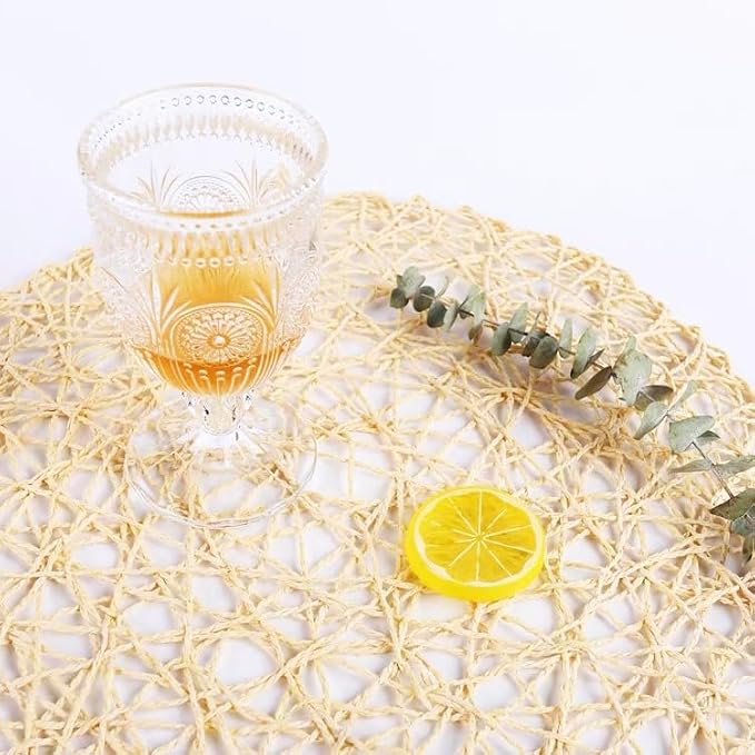 IcosaMro Beige Round Placemats Set of 6 for Dining Table, 15 Inch Paper Woven Boho Decorative Circle Place Mat for Wedding Christmas Thanksgiving Day Holiday Dinner, Beige