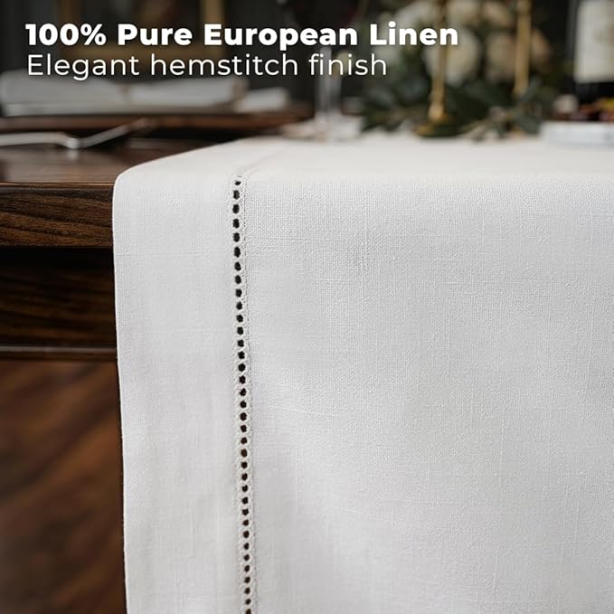 Signature Linen™ by D'Moksha White Table Runner 120 Inches Long, 100% Pure Linen, Hemstitch, 14 x 120 Inch Table Runner for Dresser, Dining- Summer, Father's & Independence Day