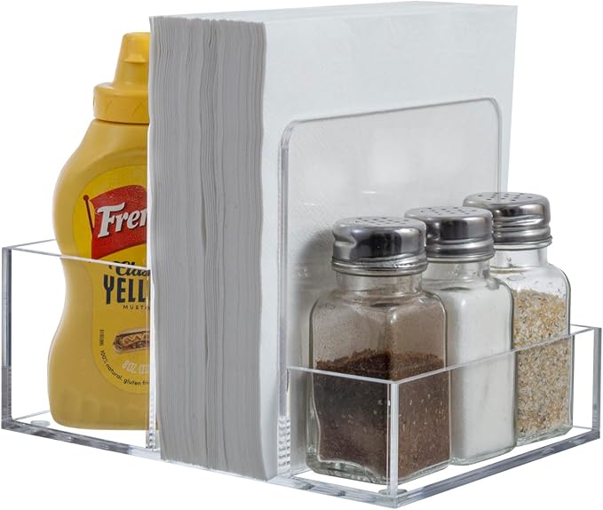 MyGift 2-in-1 Acrylic Napkin Holder with Salt and Pepper Shakers, Metal Vintage Scrollwork Dinner Table Paper Towel Condiment Holder with Rustic Solid Wood Base (Premium Clear Acrylic)