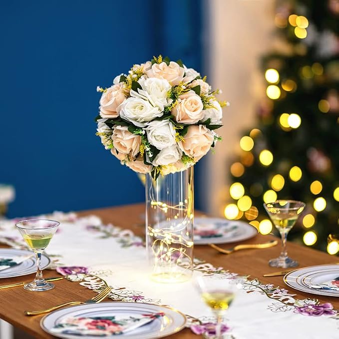 Flower Balls Wedding Rose Centerpieces: 10pcs Fake Flowers Decor for Table | Artificial Champagne White Kissing Balls Floral Arrangements - Faux Flower Bouquet with Base Home Party DIY Decorations