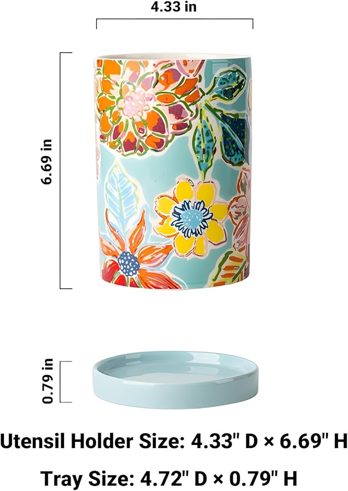 Utensil Holder for Kitchen Counter, Large Ceramic Utensil Holder Crock with Drain Tray, Hand-Painted Floral Rustic Farmhouse Kitchen Crock, Perfect for Women, Christmas, Hostess Gifts & Fall Decor